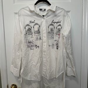 Karl Lagerfeld Paris Graphic Button-Down Shirt White Illustration Top Size Large